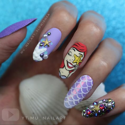 Princess Ariel Nails, Disney Ariel Nails, Little Mermaid Nails Designs, Nails Sirena, Disney Nail Designs Princesses, Ariel Nail Art, Ariel Nails Disney, The Little Mermaid Nails, Ariel Nails