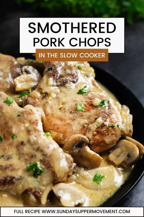 My Slow Cooker Smothered Pork Chops recipe takes this classic comfort food and makes it easier than ever! It's an instant family favorite! via @thesundaysupper Crock Pot Stuffed Pork Chops, Crockpot Pork Meals, Crock Pot Pork Chops And Gravy, Pork Chops And Veggies Crock Pot, Pork Chop And Mushrooms Recipes Crockpot, Boneless Pork Chops In Slow Cooker, Pork Chops In Gravy, Swiss Pork Chops, Crockpot Pork Chops And Stuffing