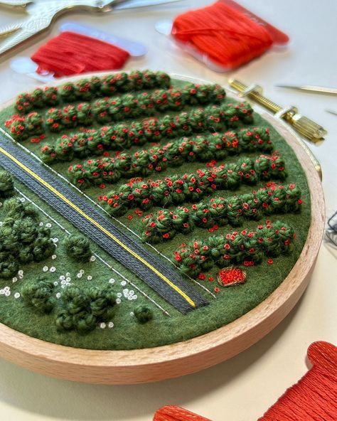 A closer look at my apple orchard landscape! 🍎 Tiny apples in 5 shades of red stitched meticulously onto fluffy wool trees. Wooden boxes filled to the brim with apples ready to eat! Across the highway is a field of white flowers. I wanted something that would contrast the red, but not take away from it or make the piece “too much.” I have one more apple orchard in the works (until the fall), but with a higher up perspective. . . . #embroidery #embroidered #needlework #handembroidery #fiberar... Little Embroidery Ideas, Field Of White Flowers, Wool Trees, Embroidery Field, Up Perspective, Landscape Embroidery, Aerial Landscape, French Knot Stitch, Apple Trees