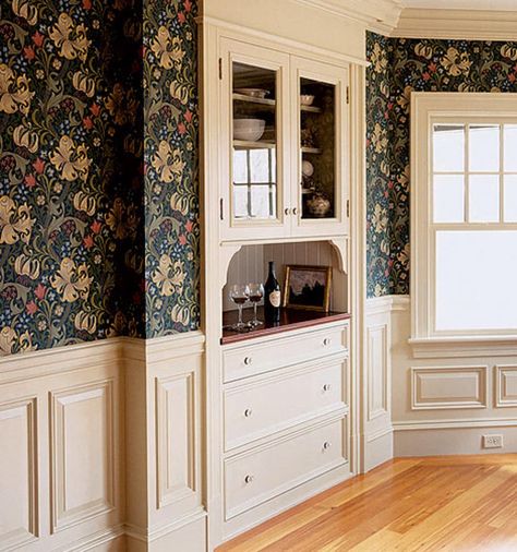 What a Difference Millwork Makes! | Design for the Arts & Crafts House | Arts & Crafts Homes Online Wainscoting With Wallpaper, Wainscoting Nursery, Wainscoting Stairs, Wainscoting Kitchen, Painted Wainscoting, Wainscoting Bedroom, Dining Room Wainscoting, Wainscoting Styles, White Wainscoting