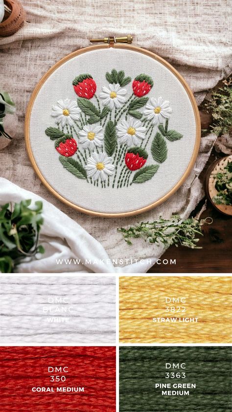 Explore a lively strawberry red color palette that you can easily adapt to your summer botanical themed embroidery projects. Strawberry Red Color, Violet Color Palette, Strawberry Embroidery, Red Color Palette, Cross Stitch Floss, Christmas Color Palette, Anchor Threads, Orange Color Palettes, Red Colour Palette