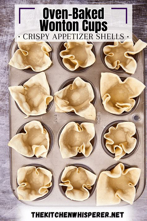 Elevate your appetizer game with crispy baked wonton wrapper cups! Add your favorite fillings for a crowd-pleasing bite of deliciousness! Crispy Baked Wonton Cups: Easy Appetizer For Any Occasion, baked wonton wrappers, crispy appetizer cups, things to make with wonton wrappers, crab rangoons Easy Wonton Recipes, Wonton Wrapper Recipes Dessert, Baked Wonton Wrapper Recipes Appetizers, Wonton Chips Baked, Wonton Wrapper Recipes Appetizers, Deep Fried Wontons, Lobster Appetizers, Wonton Cups Appetizers, Baked Wontons