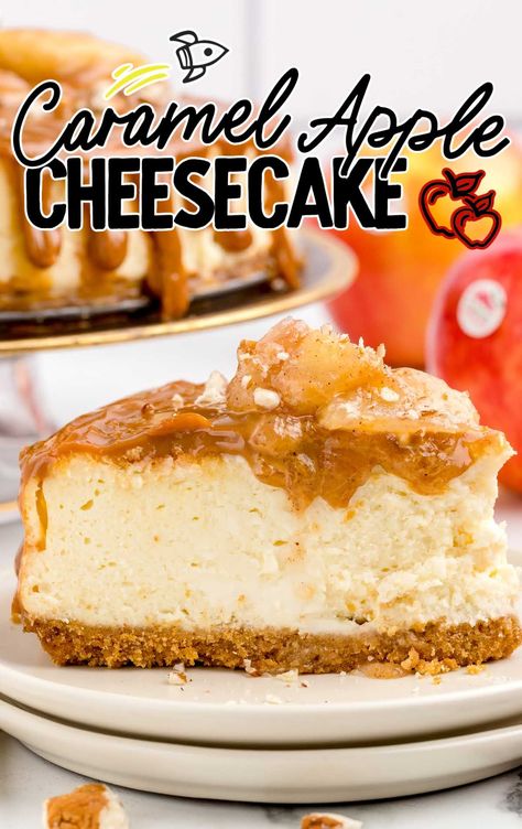 a slice of Caramel Apple Cheesecake on a plate Baked Apple Cheesecake, Caramel Apple Cheesecake Recipes, Apple Cheesecake Recipes, Birthday Cake Decorating Ideas, Family Desserts, Caramel Apple Cheesecake, Fluff Desserts, Apple Cheesecake, Caramel Desserts