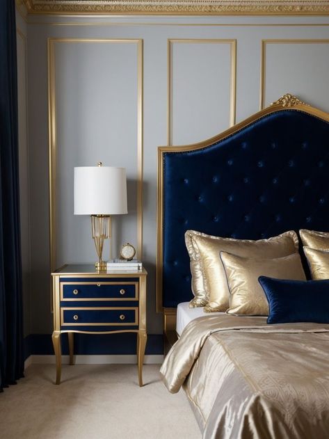 Royal Blue Bedroom, Bed Head Board, Rose Gold Bed, Royal Blue Bedrooms, Headboard Panels, Royal Bedroom, Beds Uk, The Hoxton, Gold Bed