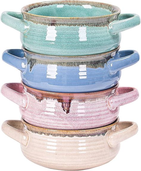 Cutiset 20 Ounce Fancy Glazed Ceramic Soup Bowls with Handles,for French Onion, Soup, Chili, Set of 4 Onion Soup Bowls, Ceramic Soup Bowls, French Onion Soup Bowls, Bowls With Handles, Soup Chili, Soup Bowls With Handles, Soup Bowl Set, Soup Crocks, Glaze Ceramics