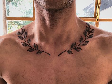 Guys Collar Bone Tattoos, Olympic Leaves Tattoo, Vines Around Neck Tattoo, Wreath Around Neck Tattoo, Olive Branch Tattoo Mens Neck, Vines On Collar Bone Tattoo Men, Leaf Neck Tattoo Men, Olive Branch Tattoo On Collar Bone, Leaves Tattoos Men