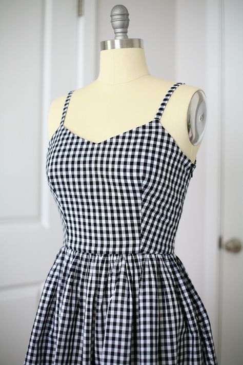 Strap Frocks For Women, Check Frock Designs, Black Gingham Dress, Black White Gingham Dress, Fitted Lined Gingham Dress, Summer Gingham Dress With Adjustable Straps, Check Dresses For Women, Check Dress Outfit, Gingham Dress Black And White