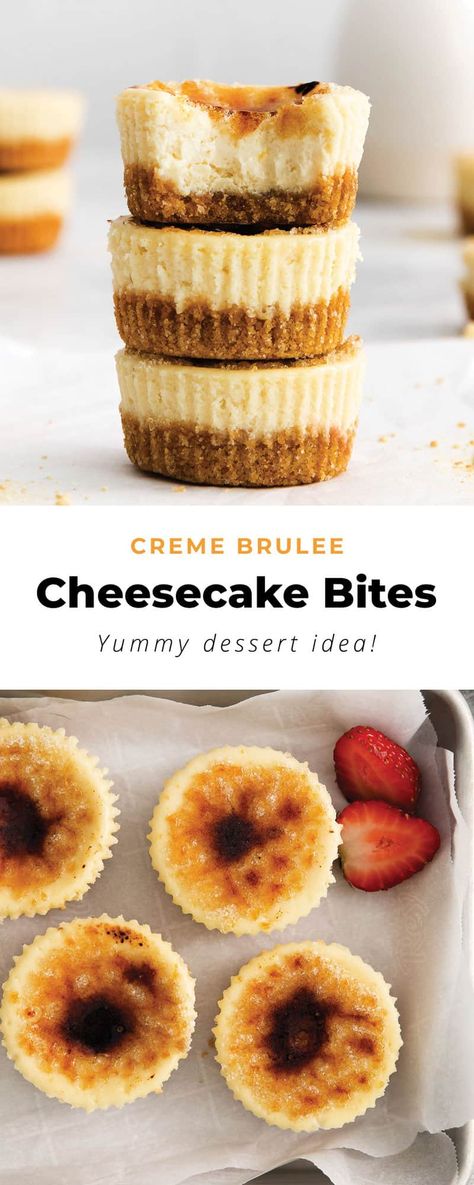 Creme Brulee Mini Cheesecakes, Creme Brulee Dessert Ideas, Cheesecake Bites Recipes Easy, Mini Cream Cheese Desserts, Mini Cheesecake Bites No Bake, Mini Creme Brulee Cheesecake, Best Mini Cheesecake Recipes, Cheesecake Recipes Mini, Hand Held Desserts