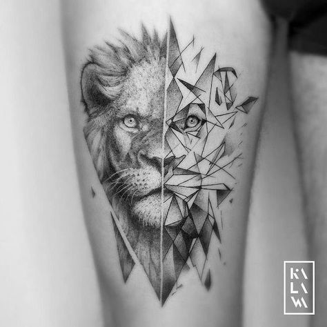 half-geometrical-half-lion-head-lion-sleeve-tattoo-thigh-tattoo-black-and-white-photo Lion Hand Tattoo, Geometric Lion Tattoo, Tier Tattoo, Geometric Lion, Lion Head Tattoos, Kunst Tattoos, Lion Tattoo Design, Leo Tattoos, Head Tattoos