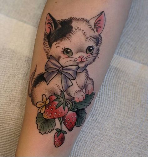 Cherry Cat Tattoo, Vintage Kitsch Tattoo, Kitschy Tattoo, Vintage Cat Tattoo, Kitsch Tattoo, Strawberry Tattoos, Kitsch Cat, Kitten Tattoo, Strawberry Tattoo