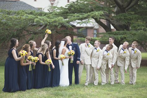 Langley Chapel Air Force Military Wedding | Hampton, Virginia | Navy blue, yellow, and tan bridal party pictures Air Force Ideas, Tan Groomsmen, Bridal Party Pictures, Air Force Wedding, Military Air Force, Bridal Parties Pictures, Tan Wedding, Wedding Engagement Pictures, Bridal Shower Outfit