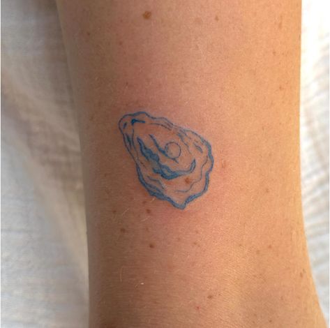 Light Blue Ink Tattoo, Blue Oyster Tattoo, Sea Glass Tattoo, Ocean Stick And Poke, Oyster Tattoo Ideas, Blue Fine Line Tattoo, Ocean Stick And Poke Tattoo, Fine Line Oyster Tattoo, Blue Tattoo Ideas