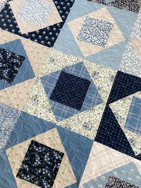 Free pattern} Floating Squares – Carried Away Quilting Square In Square Quilt Pattern, Floating Squares Quilt Pattern, Easy Blue Quilt Patterns, Scrappy Blue Quilts, Quilts With Navy Background, Floral Quilt Patterns, 2.5 Inch Square Scrap Quilt Patterns, Navy Squares Quilt Block, Blue Quilt Patterns