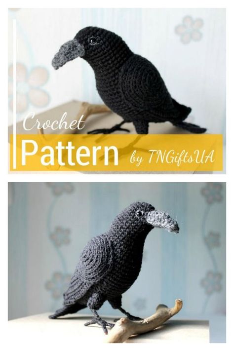 Gothic Black Raven Amigurumi Crow Crochet Pattern Raven Applique, Crow Crochet, Witchy Friends, Crochet Bird Patterns, Crochet Birds, Halloween Crochet Patterns, Crochet Amigurumi Free, Crochet Decoration, Crochet Animal Patterns