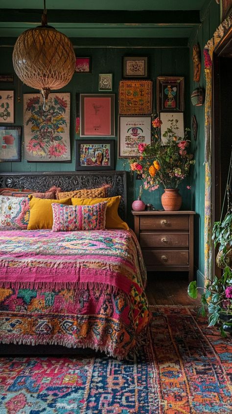 Discover stunning boho bedroom ideas that will transform your space into a cozy and stylish retreat. Incorporate natural elements, warm colors, and eclectic decor to achieve the perfect bohemian vibe in your bedroom. Cottagecore Witch Aesthetic, Moody Boho Bedroom, Maximalist Decor Bedroom, Maximalist Decor Eclectic, Maximalist Bedroom Ideas, Jewel Tone Bedroom, Dark Boho Bedroom, Eclectic Decor Bedroom, Maximalist Bedroom