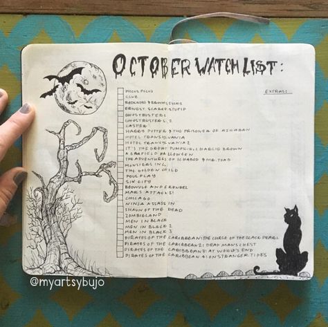 Halloween Bullet journal collections and ideas by @myartsybujo Halloween Watch List, Halloween Bullet Journal, Bullet Journal Halloween, Bullet Journal October, Halloween Watch, Bullet Journal Spreads, Bullet Planner, October Halloween, Bullet Journal Mood