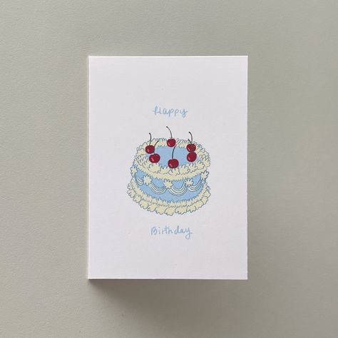 Vintage Blue Cherry Cake Happy Birthday Card | Greeting Card sizes available 3.5x5" or 5x7"  Each card comes with a white envelope. Homemade Birthday Card Boyfriend, Line Art Birthday Card, Cute Birthday Card Designs, 25 Birthday Card Ideas, Birthday Cards Blue, Birthday Card Sketch, Cute Bday Cards, Drawn Birthday Cards, Bday Card Ideas