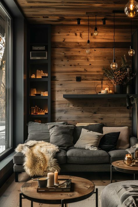 cozy-corners-categorycreative-spaces Dark Reading Corner, Small Cozy Office Space, Reading Corner Room Ideas, Industrial Sunroom, Cabin Aesthetic Interiors, Ski Chalet Living Room, Cozy Warm Living Room, Cosy Home Ideas, Cozy Scandinavian Interior