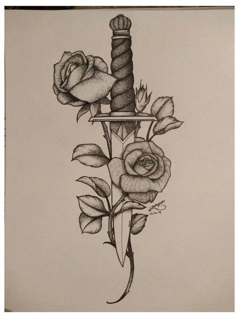 Knife And Rose Tattoo, Tramp Stamp Tattoos, Small Chest Tattoos, Knife Tattoo, Rose Tattoos For Men, Kunst Tattoos, Chest Tattoo Men, Black Ink Tattoos, Elegant Tattoos