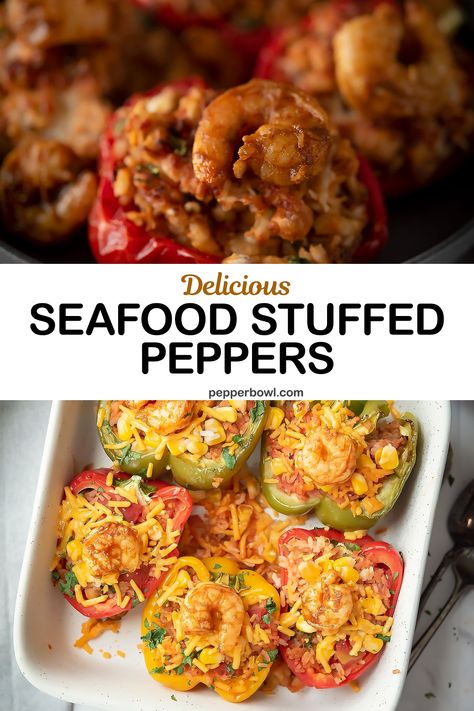 Stuffed Bell Peppers Shrimp Crab Meat, Crab And Shrimp Stuffed Peppers, Stuffed Peppers With Shrimp, Salmon Stuffed Bell Peppers, Fish Stuffed Peppers, Cajun Stuffed Peppers, Stuff Seafood Shells, Seafood Stuffed Bell Peppers, Crawfish Stuffed Bell Peppers