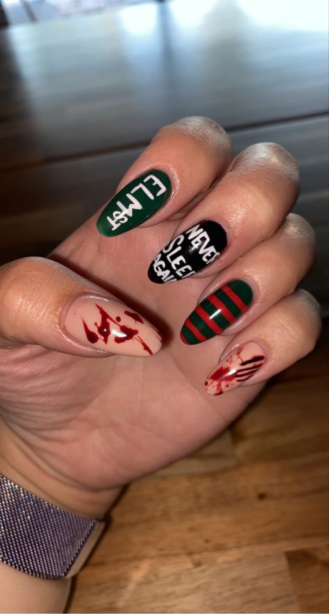 Freddy Krueger Nail Designs, Freddy Krueger Nails Halloween, Horror Movie Nail Designs, Freddy Krueger Nails Short, Jason Voorhees Nails, Freddy Krueger Nail Art, Halloween Nails Freddy Kruger, Freddy Krueger Nails Acrylic, Freddy Nails