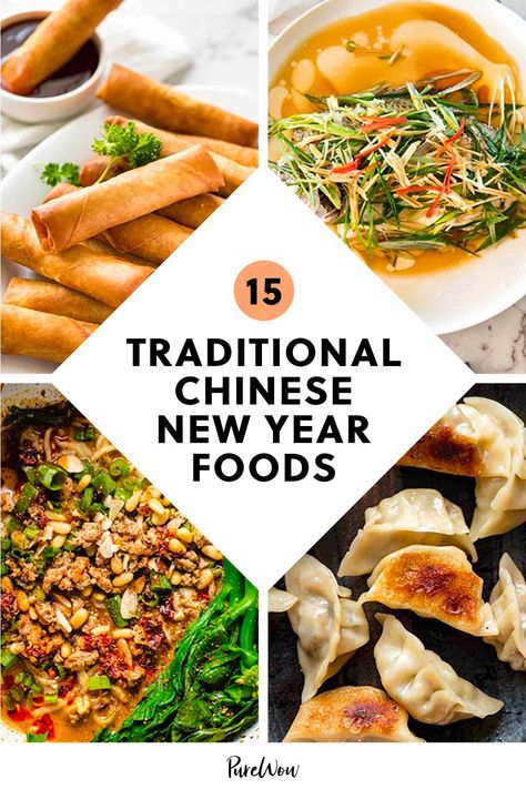 Lunar New Year is almost here, so we’re rounding up our favorite traditional Chinese New Year food recipes to celebrate. Here are 15 dishes to prepare, each with their own symbolic importance. Year Of The Dragon Food Ideas, Lunar New Year Meals, Chinese New Year Menu Ideas, Chinese New Year Appetizers, Asian New Year Food, Tet Food, Lunar New Year Recipes, Lunar New Year Food, Dragon Recipe