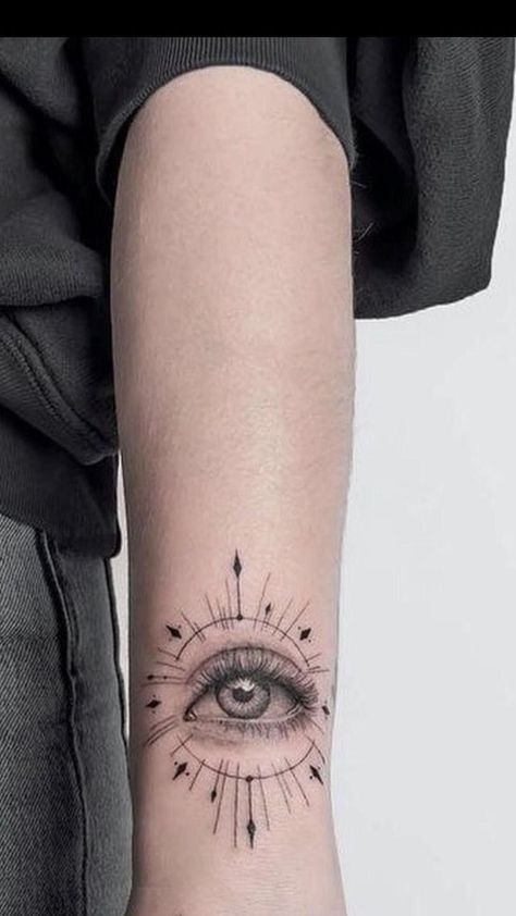 Eye Tattoo Back Of Arm, Real Eye Tattoo, 3rd Eye Tattoo Women, Eye Sun Tattoo, Sun Eye Tattoo, Eye Tattoo Ideas Women, Eyes Tatoos, 3rd Eye Tattoo, Seeing Eye Tattoo