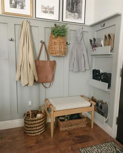 Leslea | A Heart Filled Home on Instagram: "Operation Store All The Shoes is complete! 👏 We added shoe storage shelves, new hooks, and an extra basket to keep all the things organized 🙌 I love how it flows with the board and batten we installed a couple years ago! What do you think of our entry update?? #boardandbatten #entryway #diyprojects" Coat Closet Entryway Small Entry, Hook Entryway, Mud Room Shelves, Front Entryway Organization, Entryway Hooks Ideas, Kitchen Shoe Storage, Hooks Front Entrance, Keys Entryway Ideas, Cottage Home Entryway