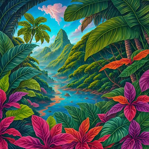 Jungle Art Tropical Landscape, Jungle Painting Acrylic Easy, Jungle Art Tropical, Tropical Futurism, Jungle Artwork, Exotic Paintings, Jungle Drawing, Tropical Tattoo, Jungle Painting