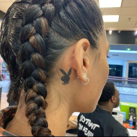 8 Ball Tattoo Behind Ear, Tiny Face Tattoos For Women Under Eye, Face Tattoos For Women Under Eye, Side Ear Tattoo Women, Small Sideburn Tattoo Women, Small Sideburn Tattoo, Behind The Ear Tats, Small Face Tattoo, Playboy Bunny Tattoo