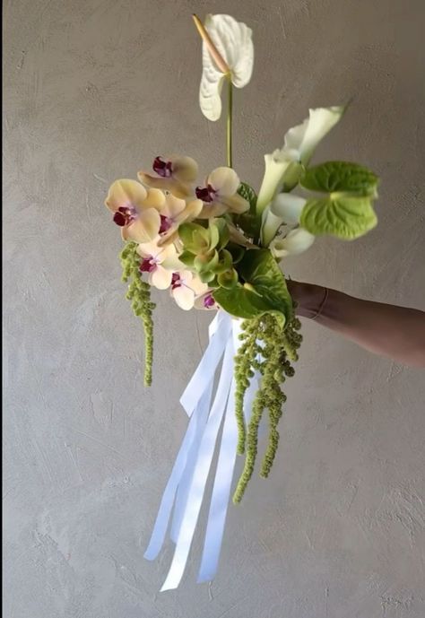 Orchid Cascade Wedding Bouquet, Orchids At Wedding, Green Wedding Floral Arrangements, Standing Floral Arrangements, Anthurium Bouquet, Flower Core, Floral Palette, Bahamas Wedding, Orchid Bouquet