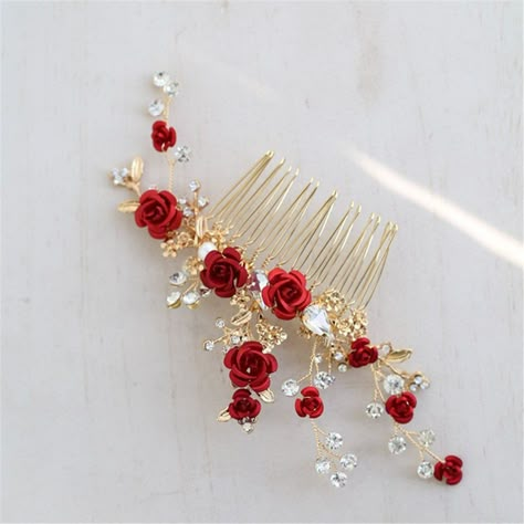 Prom Headpiece, Floral Bridal Hair Accessories, Gold Hair Comb Wedding, Hair Accessories Headband, Prom Hair Accessories, Headband Gold, Party Hair Accessories, Hair Comb Accessories, Red Pearl