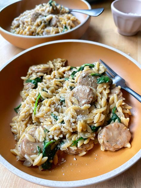 One Pan Chicken Sausage Orzo One Pan Chicken Sausage Orzo, One Pot Chicken Sausage Orzo, Chicken Apple Sausage Orzo Recipes, Healthy Meals With Chicken Sausage, Orzo And Chicken Sausage Recipes, Dinner Recipes With Chicken Sausage, Orzo With Chicken Sausage, Chicken Sausage Orzo Skillet, Chicken Feta Sausage Recipes