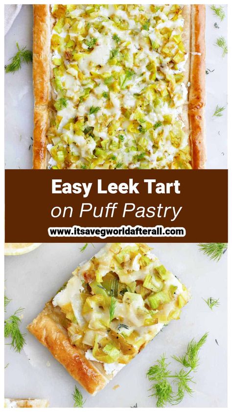 Caramelized leeks and creamy cheese make this puff pastry tart super flavorful and rich! It's a delicious vegetarian appetizer, side, or main that's easy to prepare yet elegant and impressive. Leek Pastry Recipe, Leek And Parmesan Pastry, Leek Puff Pastry Tart, Leek Puff Pastry, Puff Pastry Recipes Savory Vegetarian, Leek Appetizer, Vegetarian Puff Pastry Recipes, Caramelized Leeks, Cherry Tomato Tart