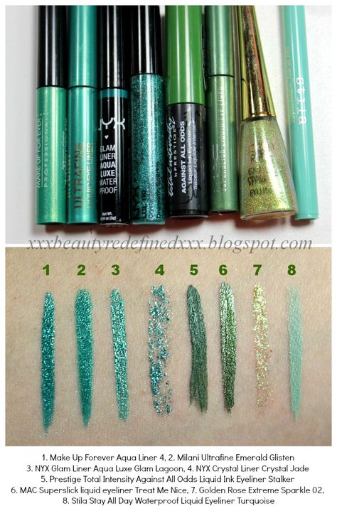 Green eyeliner comparison Eyeshadow With Eyeliner, Dark Green Eyeshadow, Light Pink Eyeshadow, Eyeshadow Green, Eyeshadow Blue, Pink Eyeshadow Palette, How To Do Eyeliner, Green Eyeliner, Red Eyeliner