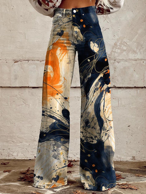 Diy Painted Pants Ideas, Different Patterns Outfits, Choir Concert Outfit, Artistic Jeans, Statement Pants Outfit, Art On Jeans, Creative Pants, Fashion Trousers Women, Artsy Clothes