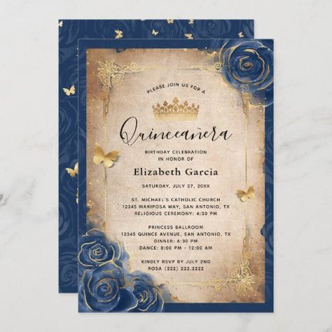 Navy Blue and Gold Royal Rose Elegant Quinceanera #navybluegoldquinceanerainvitations #elegantmisquinceanosfloral #vintagecreamivoryparchmentpaper #watercolorrosesflowersroyalcrown #quinceanerabirthdayparty15diy #handletteredcalligraphyscriptblack #butterflytiarachampagneconfetti16 #midnightprincesssweetsixteenmexican #rusticdarkglitterrosebutterflies #flowerrsvptemplatebotanicalwhite Blue Gold Quinceanera, Gold Quinceanera Invitations, Royal Blue Quinceanera, Invitations Quinceanera, Quince Invitations, Floral Tiara, Quinceanera Invitation, Quinceanera Ideas, Quinceanera Themes