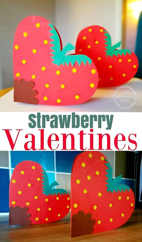 Family Kids Crafts, Nanny Crafts, Strawberry Valentines, Valentine Paper Crafts, Valentine Card Crafts, Valentine Paper, Library Crafts, Strawberry Hearts, Toddler Art Projects