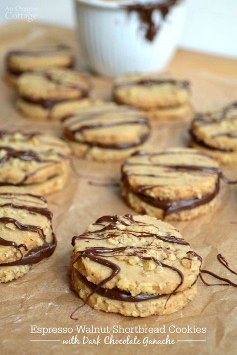 Espresso Walnut Shortbread Cookies with Dark Chocolate Ganache - An Oregon Cottage Walnut Shortbread Cookies, Walnut Shortbread, Cookies With Dark Chocolate, Resepi Biskut, Biscuits Diététiques, Resep Brownies, Dark Chocolate Ganache, Cold Desserts, Think Food