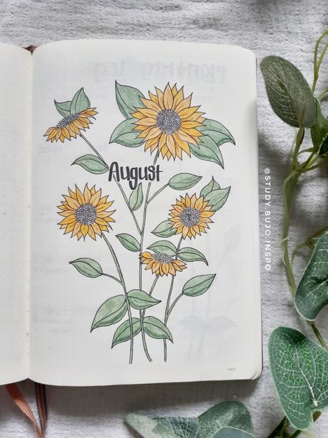 August written in a simple black font, surrounded by gold and yellow sunflowers August Journal, Journal August, Bullet Journal August, Journal Goals, Goals Bullet Journal, Journal Templates, Journal Books, Bujo Ideas, Journal Template