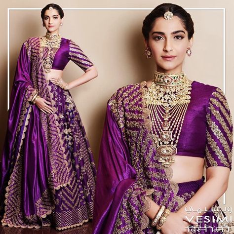 @sonamkapoor on the ramp in full regalia with the riveting Birdhichand’s Delhi Durban jewellery... Looks gorgeous in Royal purple #lehenga by #jayantireddy... Get this looks @vesimi Styled by @tanghavri #celebritystyle #bollywood #instastyle #instafashion #india #SonamKapoor #TanyaGhavri #dubai #womenswear #vesimi Purple Sangeet Outfit, Royal Look Lehnga, Purple Bride Lehenga, Purple Saree Jewellery Ideas, Purple Bandhani Lehenga, Purple Lehenga Jewellery Ideas, Royal Purple Lehenga, Purple Choli, Vibrant Lehenga