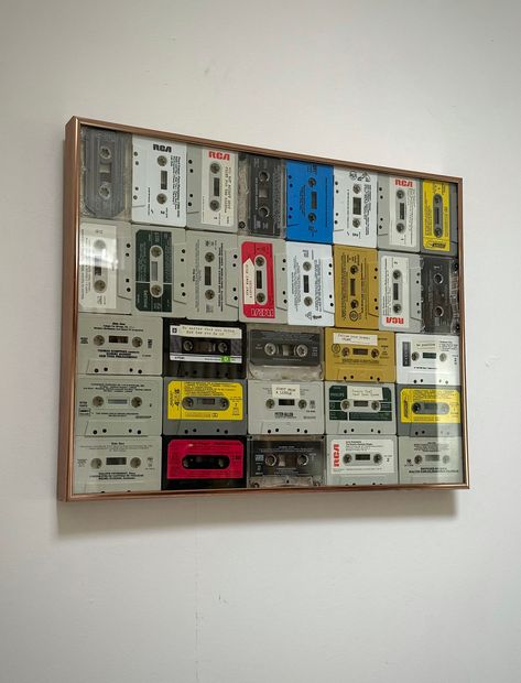 Mixed Media  "Srereoty[e]pes" 80s Inspired  Wall Art 21"x16" Wall Art Music, Vintage Basement, 90s Room Ideas, Hanging Records, Vhs Crafts, 90s Interior Design, Vinyl Record Room, Record Wall Art, 90s Interior