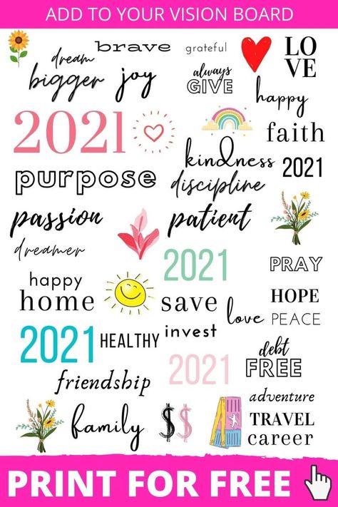 These Vision Board Printables are the perfect addition to your vision board. Add words that describe your goals and ambitions for the coming year. Perfect inspiration for Christian goal setting, whether it's travel, fitness, or career related. #goalsetting #goals #2021 #vision #visionboard Christian Planner Vision Board Ideas, Christian Vision Board Printables, Goal Board Ideas Motivation, New Years Vision Board Ideas, Vision Board For Kids, New Year Vision Board Ideas, Christian Vision Board Ideas, Vision Board Worksheet, Vision Board Supplies