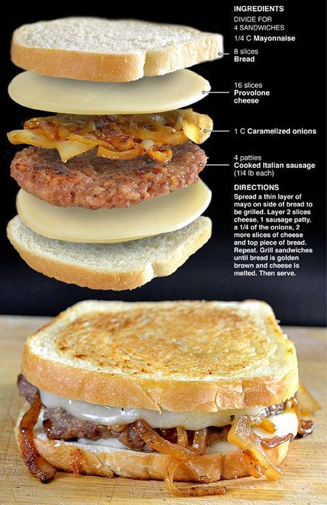 Italian Sausage Patty Melts Firefighter Lunch Ideas, Pattie Melt, Melts Sandwich, Sausage Burger, Recept Sandwiches, Patty Melt Recipe, Resep Smoothie, Patty Melt, Sausage Patty