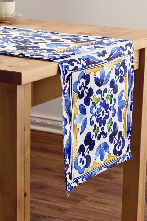 Amalfi Vietri Italian blue tiles Mediterranean Short Table Runner Amalfi Kitchen Decor, Mediterranean Blue Decor, Tuscany Patio, Tiles Mediterranean, Italian Artwork, Mexican Themed Weddings, Short Table Runner, Italian Blue, Italian Theme