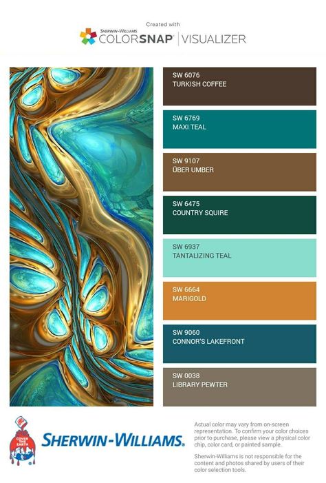 Green Blue Brown Interior Design, Turquoise Gold Color Palette, Caribbean Color Scheme, Patina Color Palette, Verdigris Color Palette, Color Palette Dining Room, Dining Room Elegant, Turquoise Color Combinations, Best Greige Paint