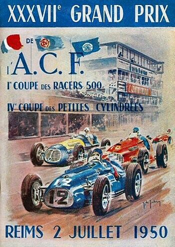 1950 French F1 Grand Prix Poster - The first official Formula 1 French Grand Prix took place on the Reims-Gueux temporary road course on 2 July 1950.  The 64-lap race was won by Alfa Romeo driver Juan Manuel Fangio after he started from pole position. Fangio's teammate Luigi Fagioli finished second and Peter Whitehead took third in a privateer Ferrari. #F1 #Formula1 #FrenchGP #ReimsFrance #JuanManuelFangio #AlfaRomeo Auto Racing Posters, Grand Prix Posters, French Grand Prix, Vintage Advertising Art, Vintage Motorcycle Posters, Pompe A Essence, Classic Racing Cars, Motorcycle Posters, Racing Art