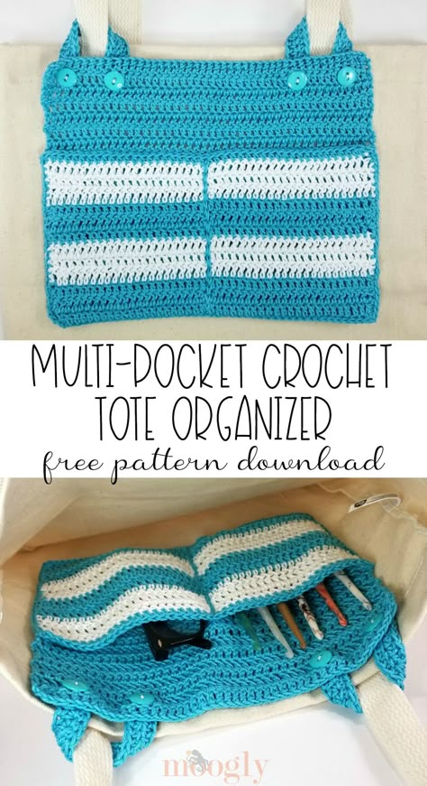 The Multi-Pocket Crochet Tote Organizer is the perfect thing to keep your tote bag organized - and make your life easier! Free crochet pattern featuring Patons Grace!    #yarnspirations #mooglyblog #patonsgrace #freecrochetpatterns #organization  via @moogly Crochet Pattern Car Accessories, Crochet Caddy Free Pattern, Crochet Car Organizer, Crochet Caddy, Crochet Organization, Pocket Crochet, Tote Organizer, Tote Bag Organizer, Crochet Organizer