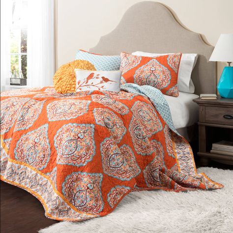 Free 2-day shipping. Buy Lush Decor Harley Quilt Tangerine 5-Piece King Quilt Set at Walmart.com Colorful Bedroom, Dec Pillows, King Quilt Sets, Pattern Quilt, Full Bedding Sets, Lush Decor, Queen Size Quilt, Bohemian Pattern, King Size Quilt