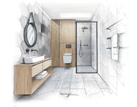 Bathroom Sketch, Bathroom Drawing, Interior Architecture Sketch, House Design Drawing, Interior Design Sketchbook, Interior Sketches, Interrior Design, Furniture Design Sketches, Drawing Interior